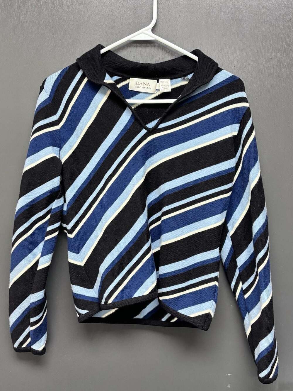Dana Buchman Striped Polo Collar Sweater Size large Blue Black White Wool Blend